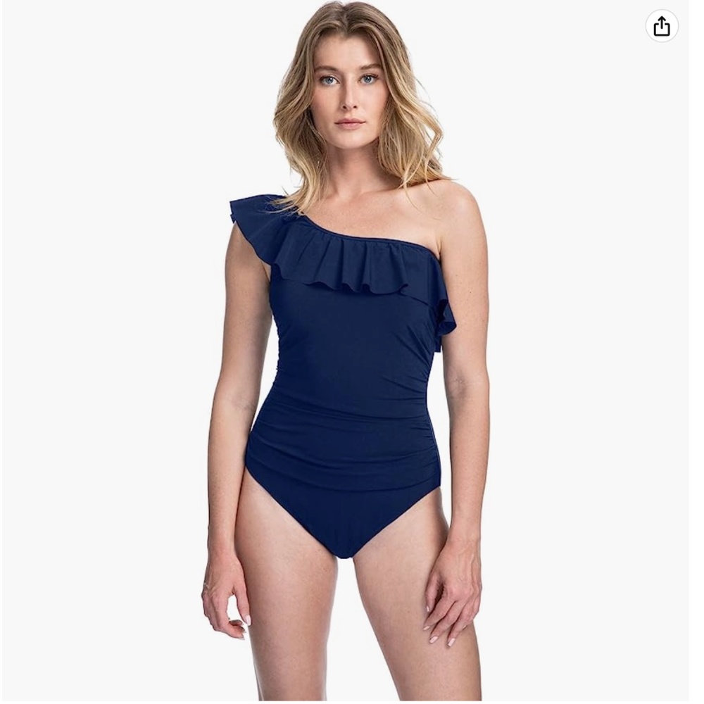 Profile by Gottex Women's Ruffle Shoulder One Piece Swimsuit in Navy 14 NWT